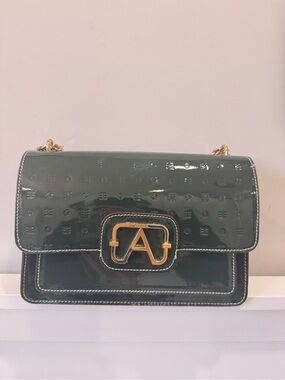 Arcadia Glossy Dark Green Patent Shoulder Bag with Gold A Emblem